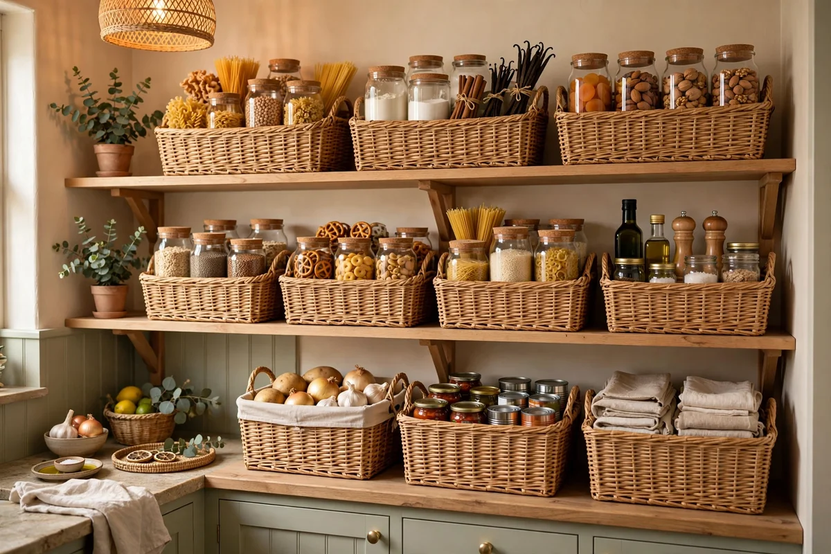 Basket zones in closet pantry