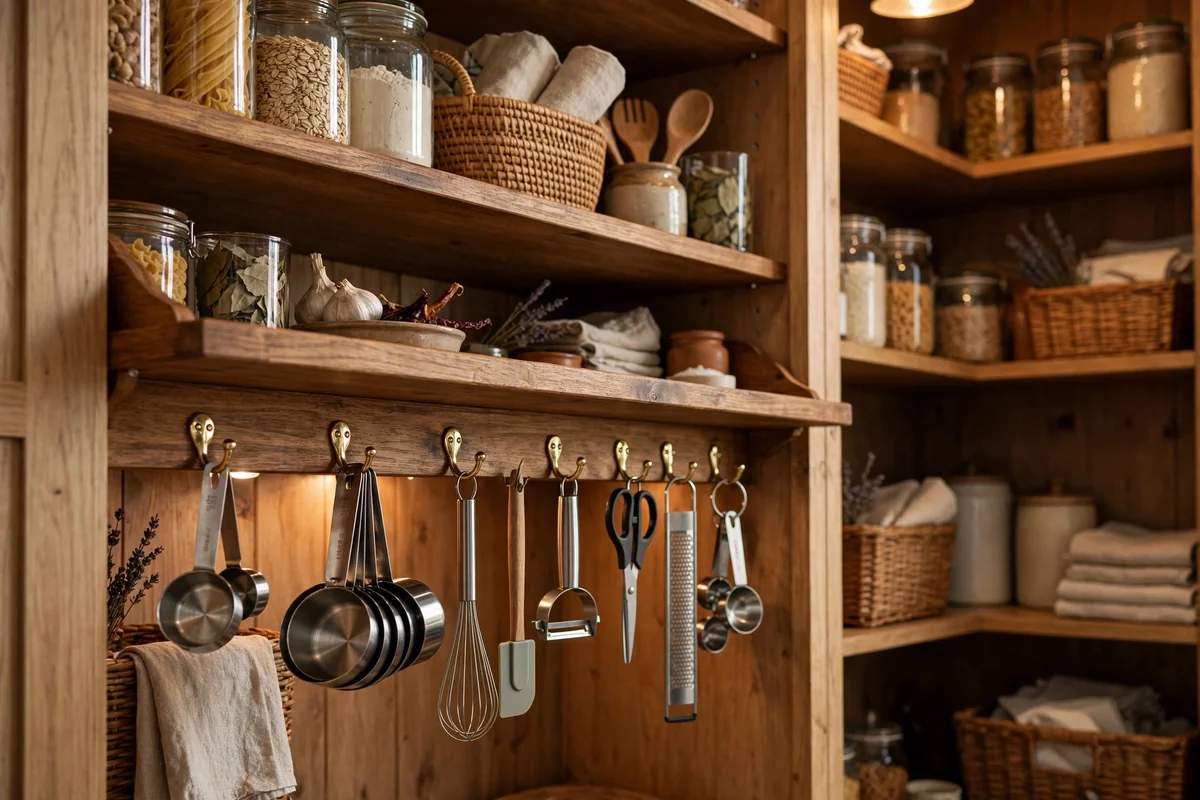 Hooks under pantry shelves