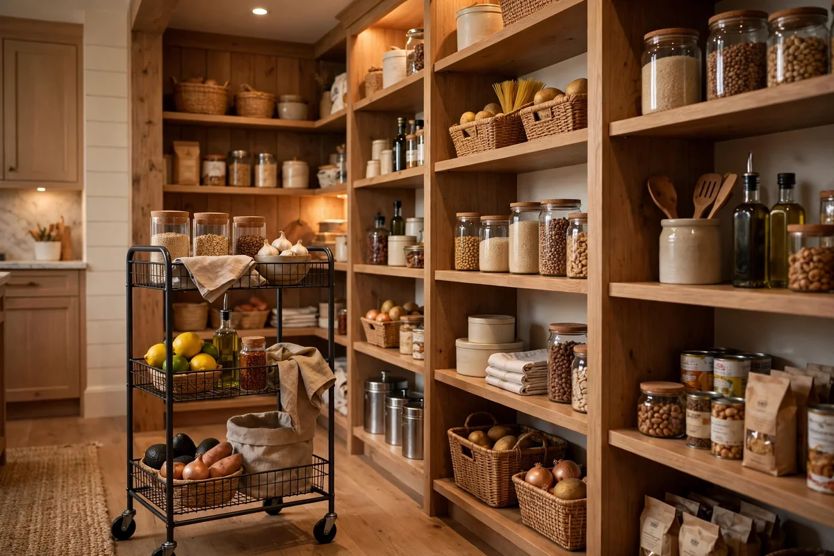 Slim rolling cart in closet pantry