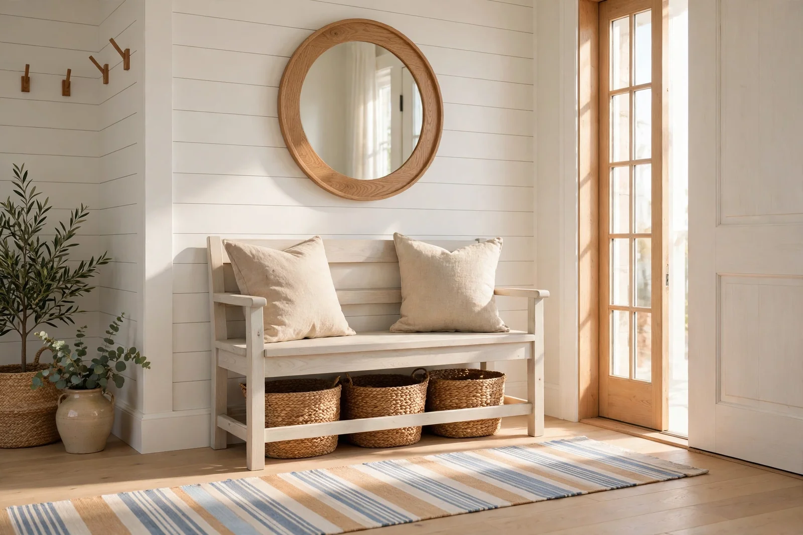 Coastal entryway with washed-wood bench, striped runner, round mirror and seagrass baskets in daylight