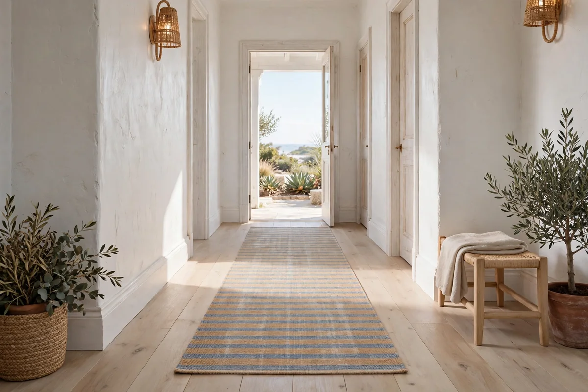 Striped cotton runner in sand and soft blue lying down a bright coastal hallway