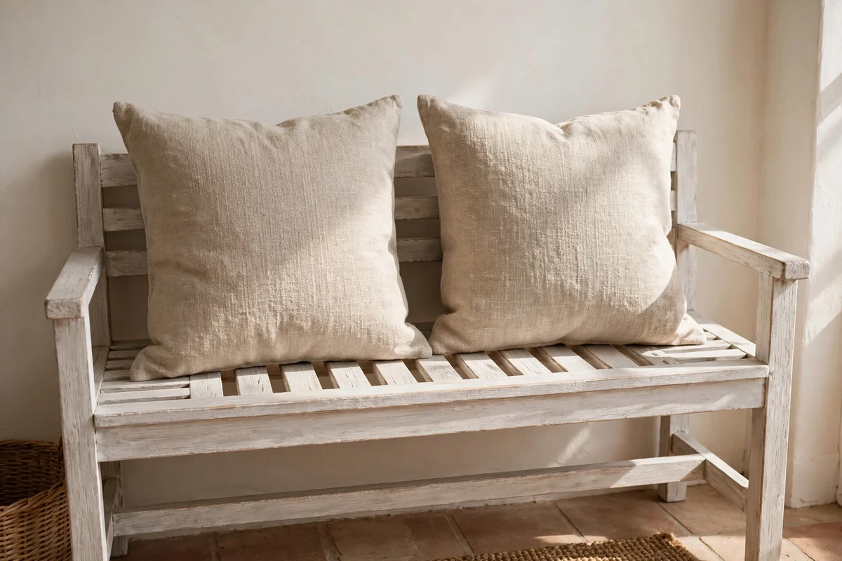 Pale washed-wood bench with two sand linen cushions in a coastal entryway