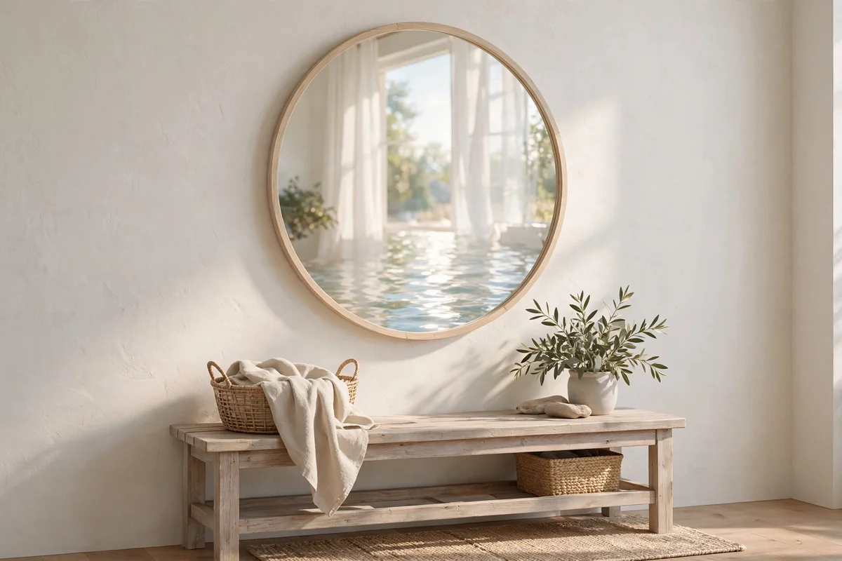 Round mirror in pale oak frame above a bench reflecting soft coastal light