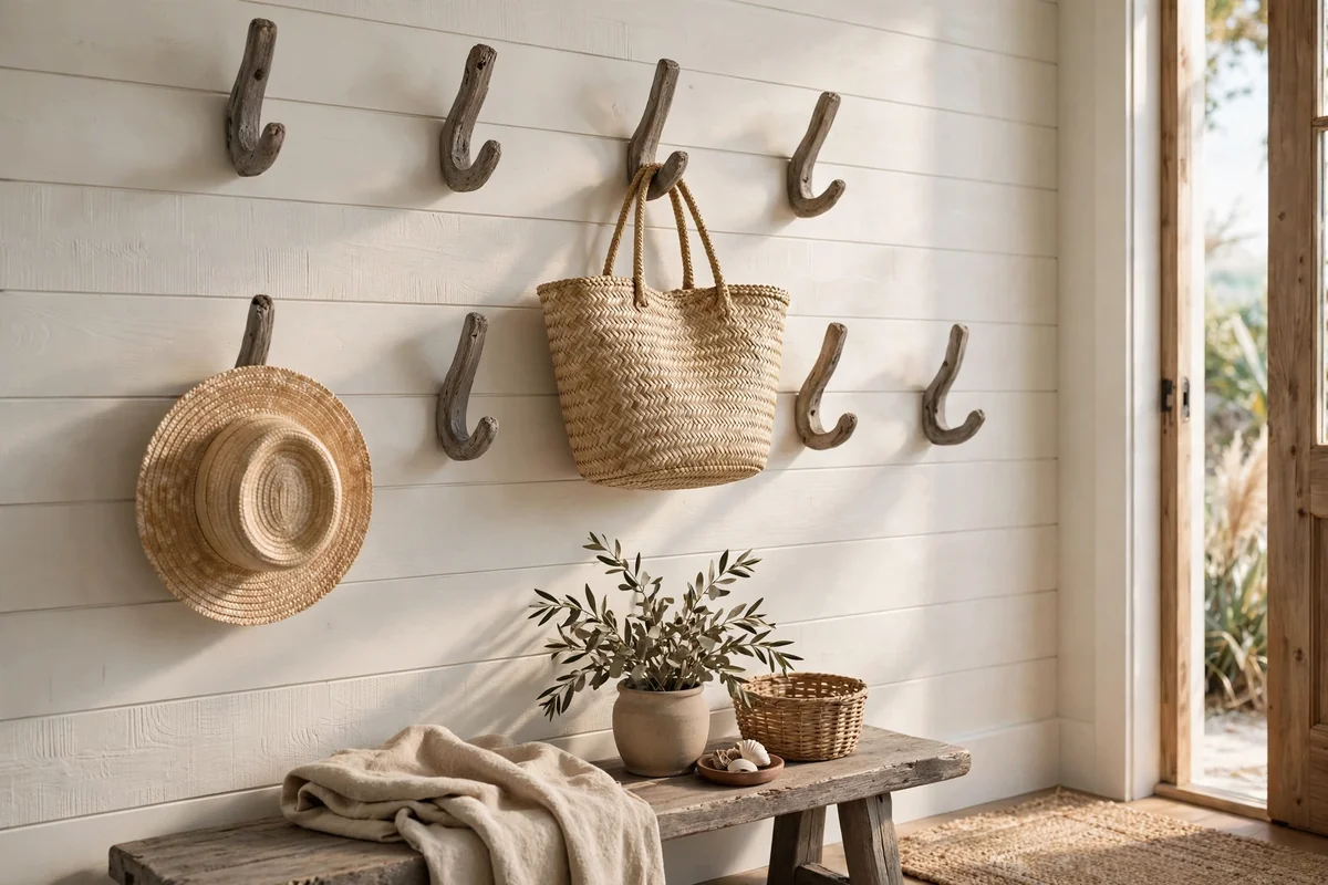 Driftwood-toned wall hooks at two heights holding a woven tote and straw hat