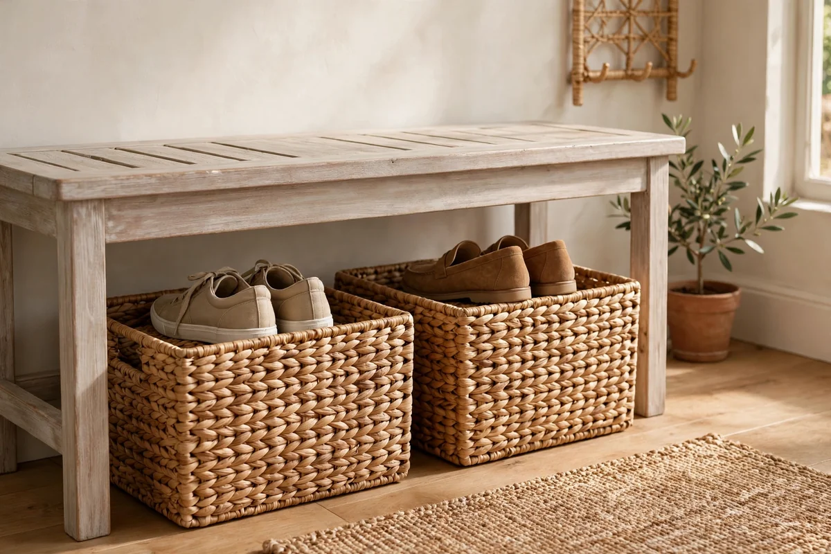 Woven seagrass baskets tucked under a washed-wood bench holding shoes