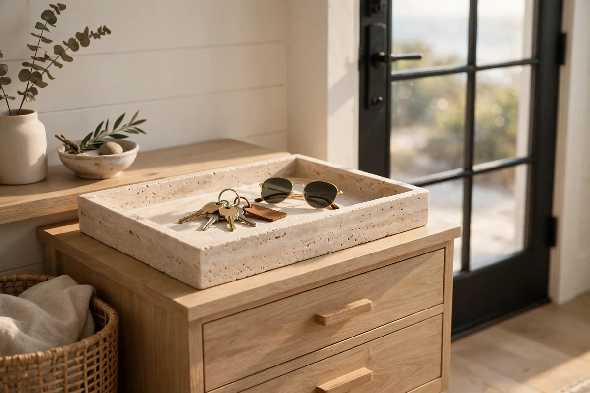 Pale stone tray holding keys and sunglasses on a console by the front door