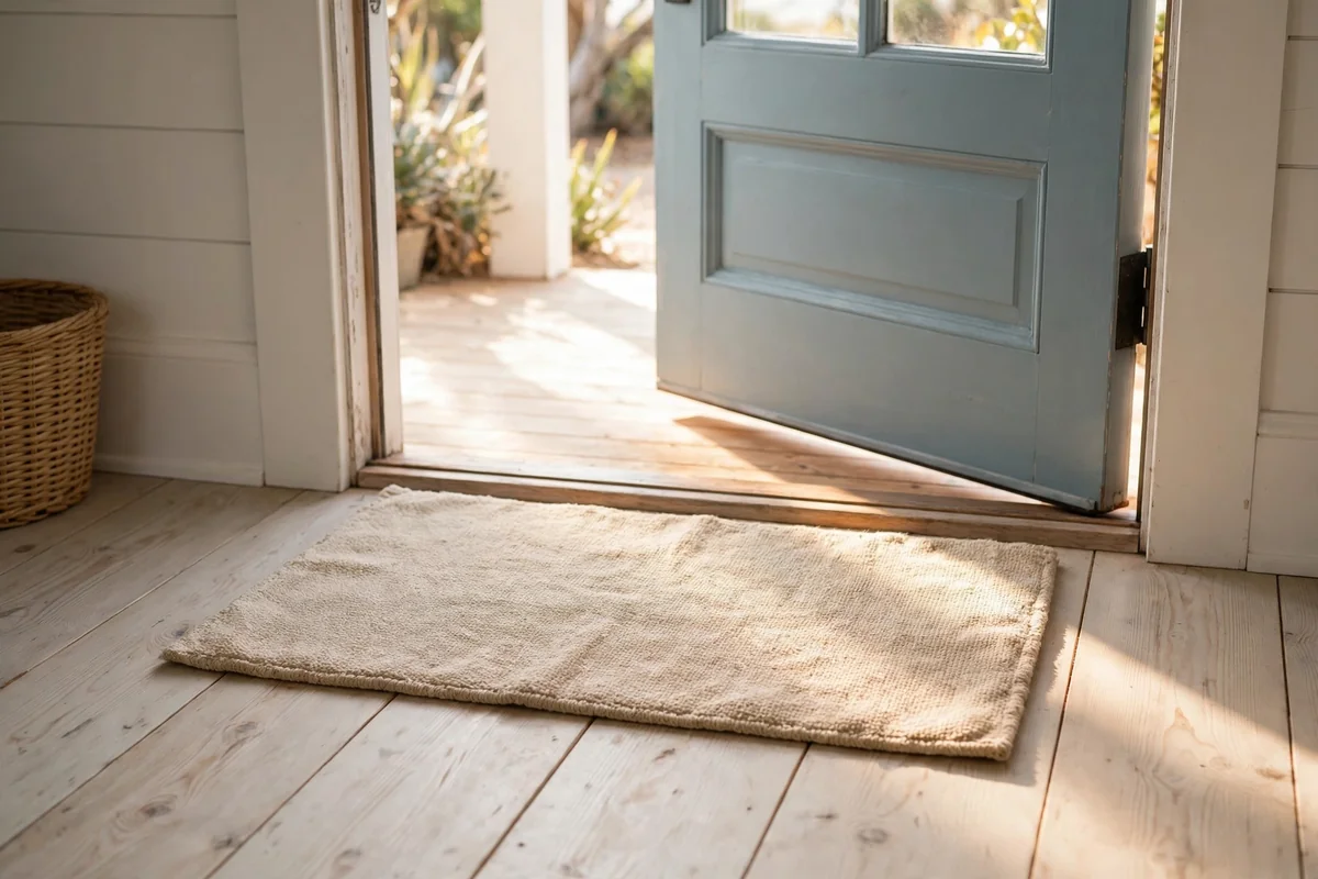 Washable cotton mat in sandy tone just inside a coastal front door