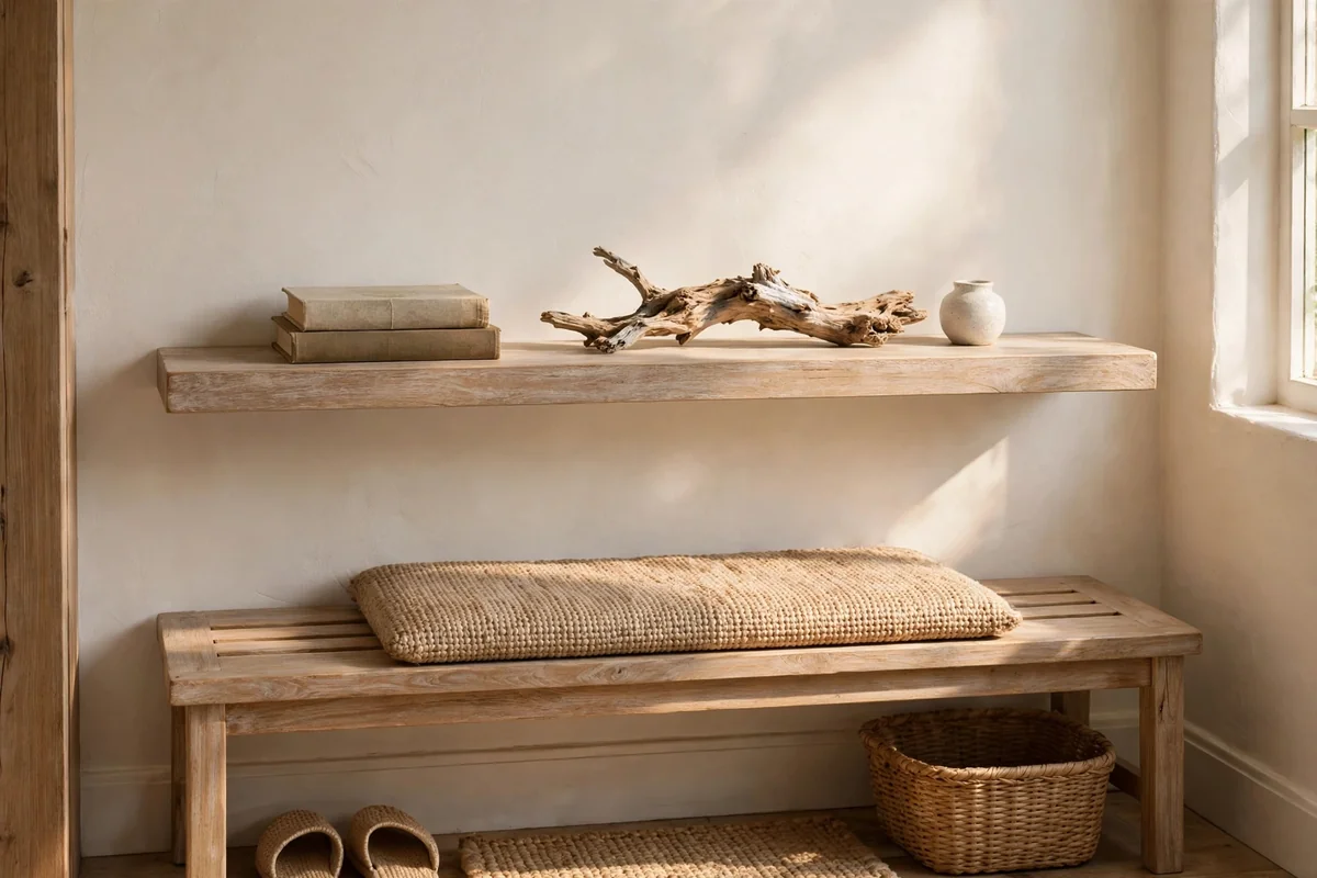 Slim floating washed-wood shelf above a bench with books and driftwood