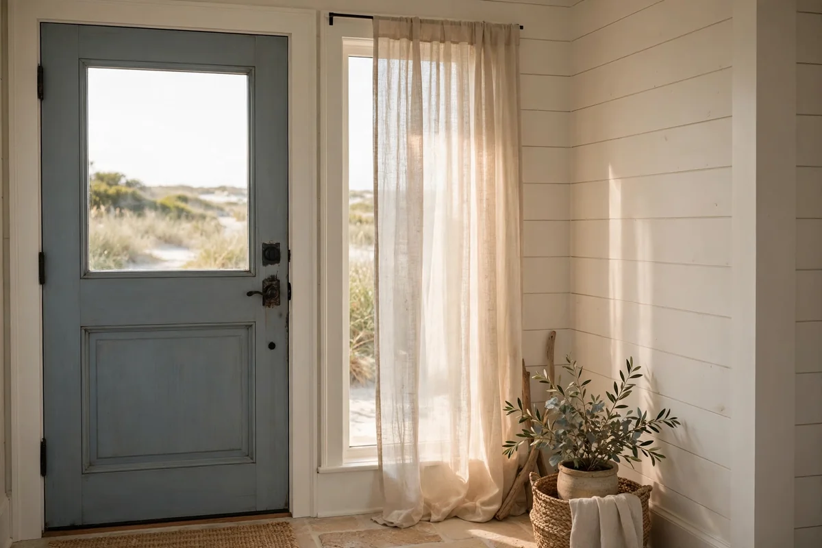 Sheer oatmeal linen curtain filtering daylight on a sidelight window by the door