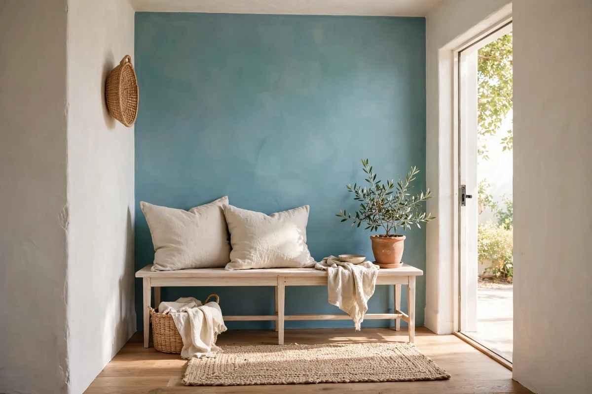 Entry wall painted in soft sea-glass tint behind a washed-wood bench