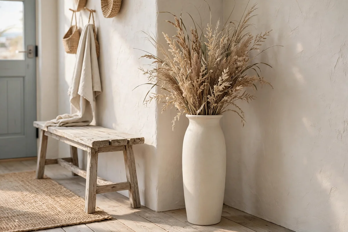 Tall matte cream ceramic vase with dried sea grasses in an entryway corner
