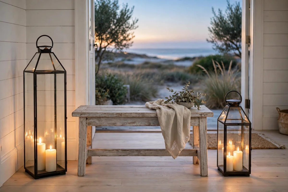 Two glass lanterns with warm glowing candles flanking a bench at dusk