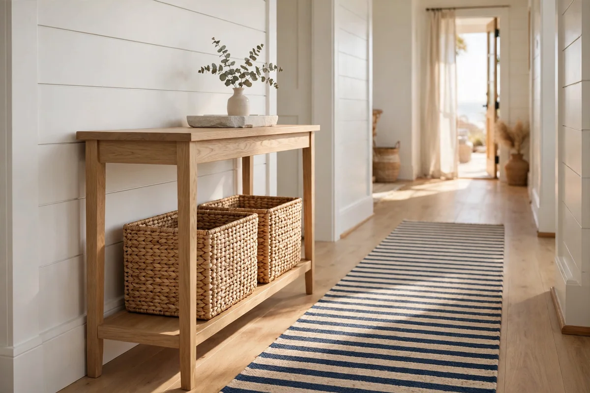 Light-oak console table with two woven storage bins underneath in a hallway