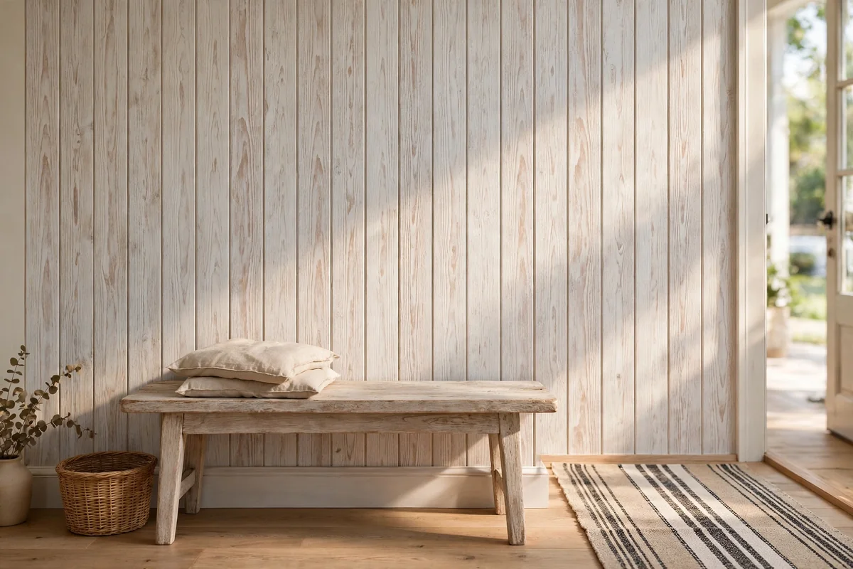 Whitewashed vertical tongue and groove panelling on a coastal entry wall