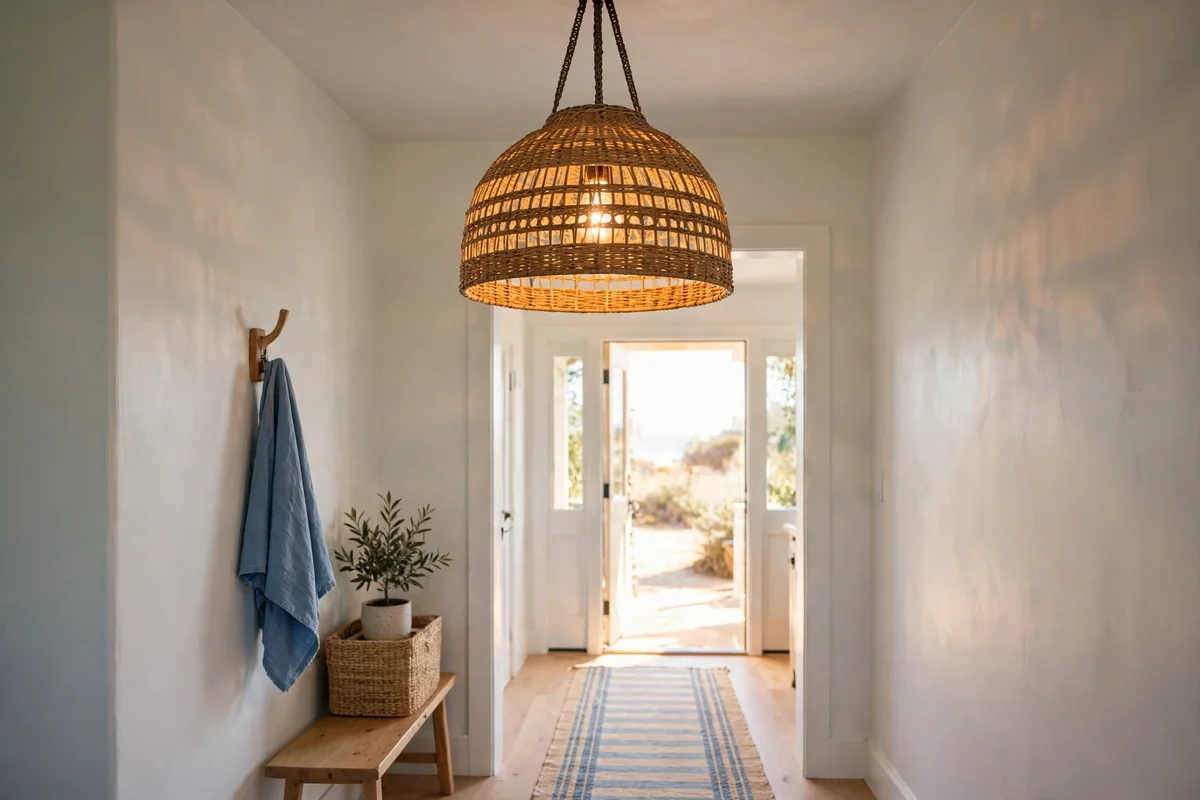Woven rattan pendant light glowing over the centre of a coastal entryway