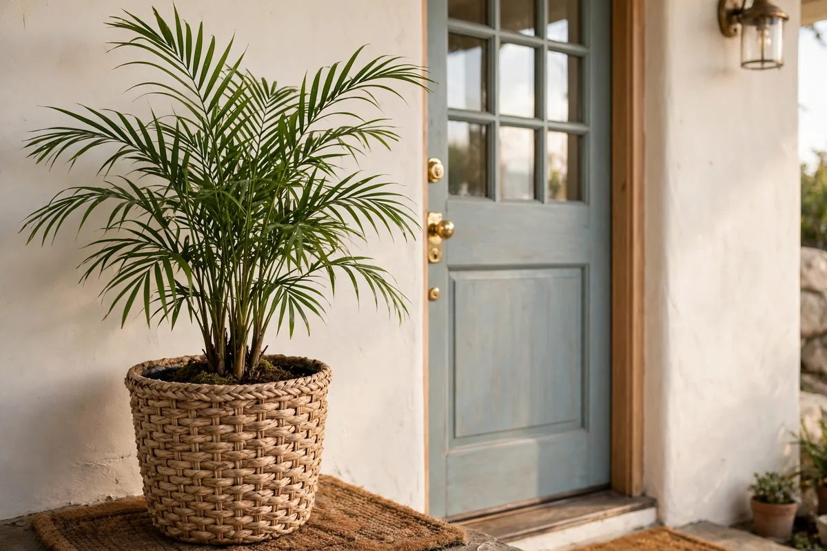 Potted palm in a woven seagrass planter beside a coastal front door