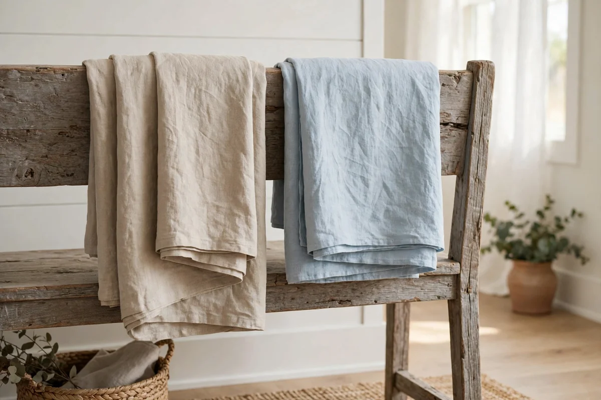 Two folded linen throws in sand and pale blue draped over an entryway bench