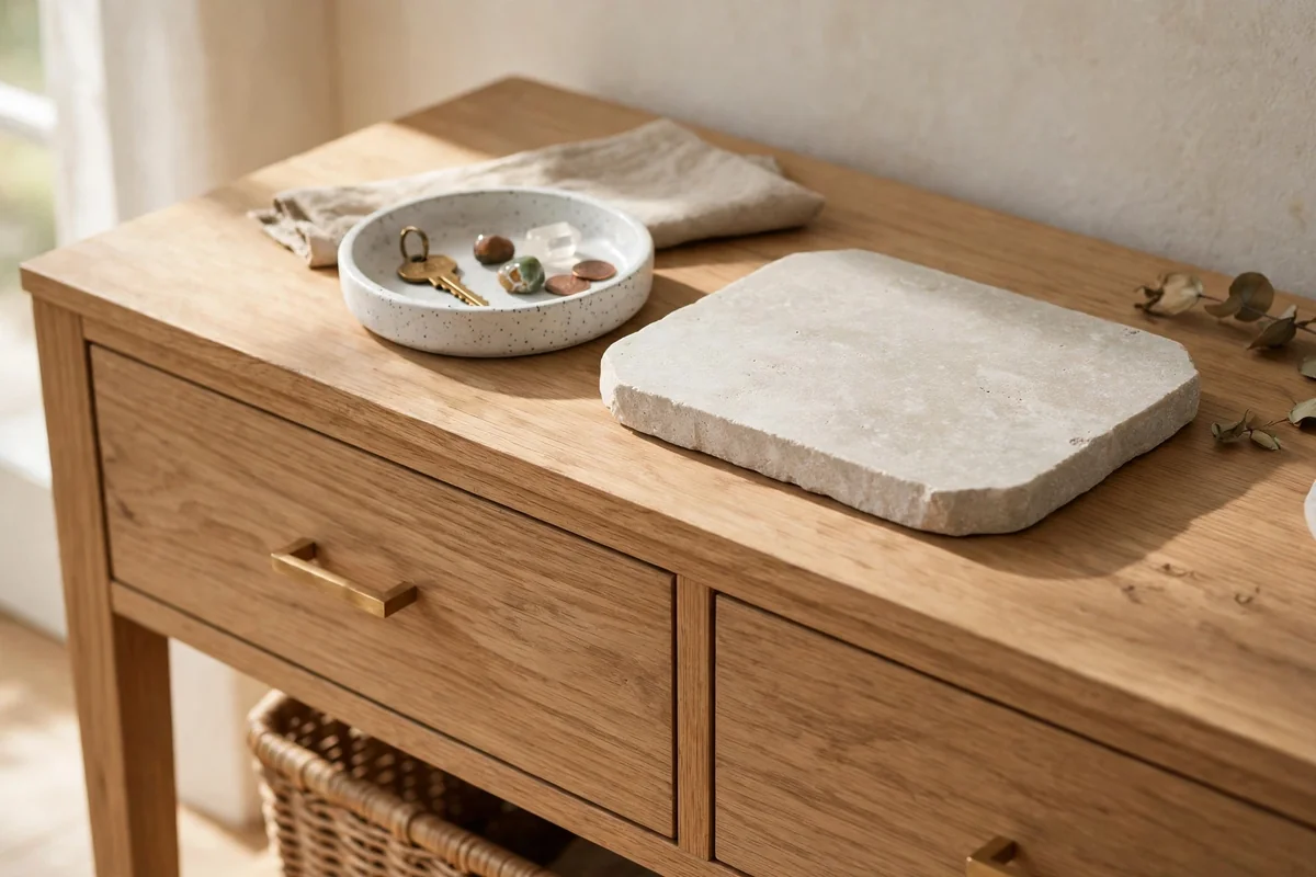 Small speckled ceramic dish beside a pale stone tray on an entryway console