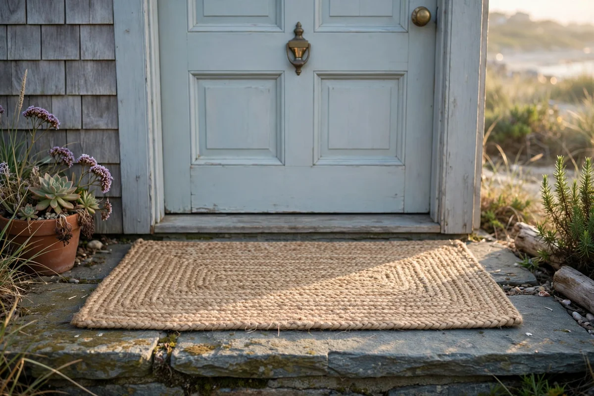 Flat woven jute mat outside a coastal front door in morning light