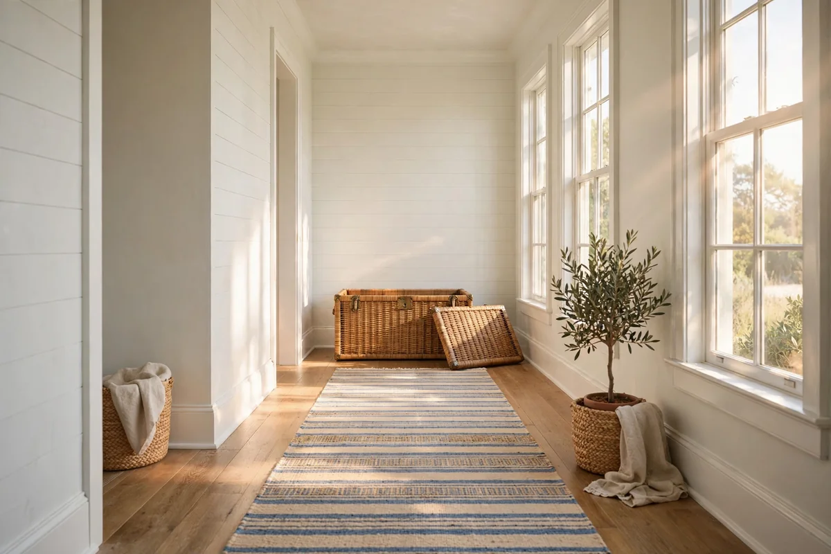 Rattan storage trunk at the end of a bright coastal hallway