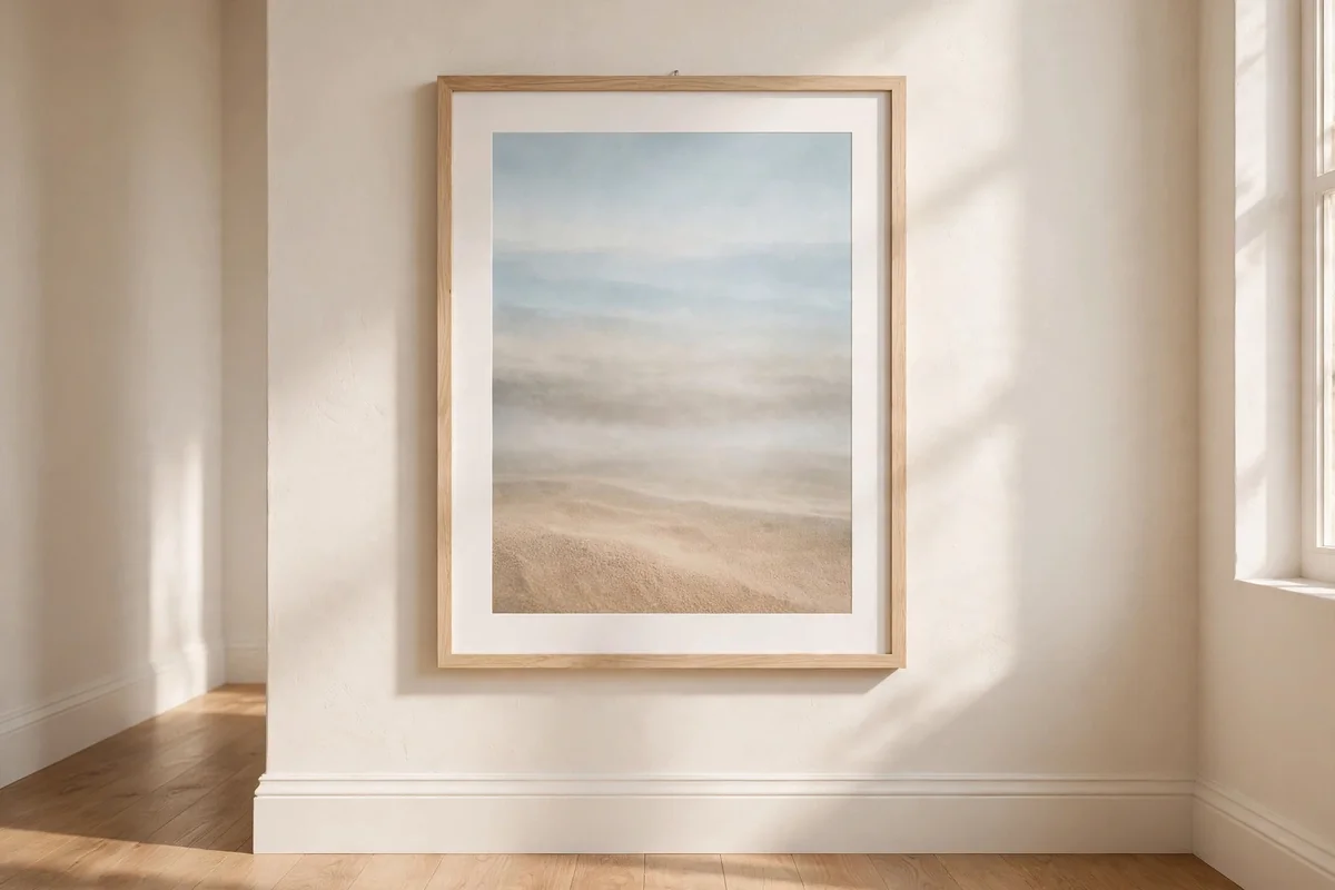 Abstract seascape print in pale oak frame on a white coastal hallway wall
