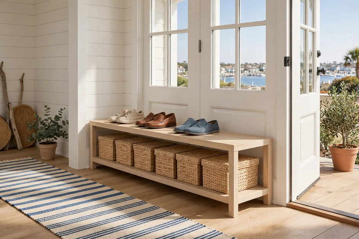 Low pale wood shoe shelf with seagrass storage boxes near a front door