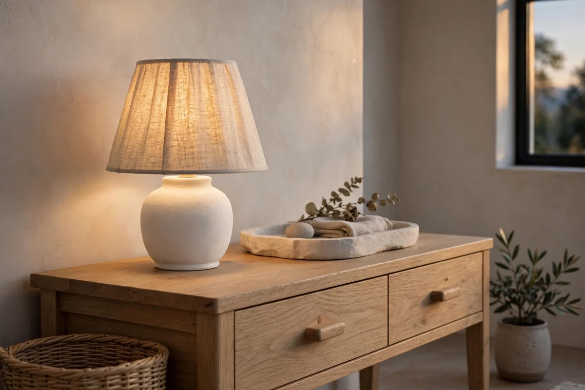 Small ceramic table lamp with linen shade glowing on an entryway console