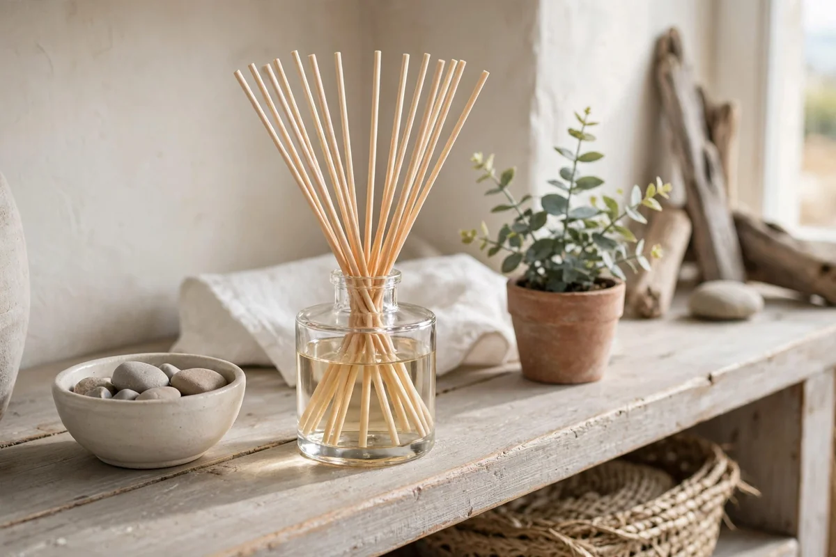 Reed diffuser in clear glass bottle with pale rattan reeds on an entryway shelf