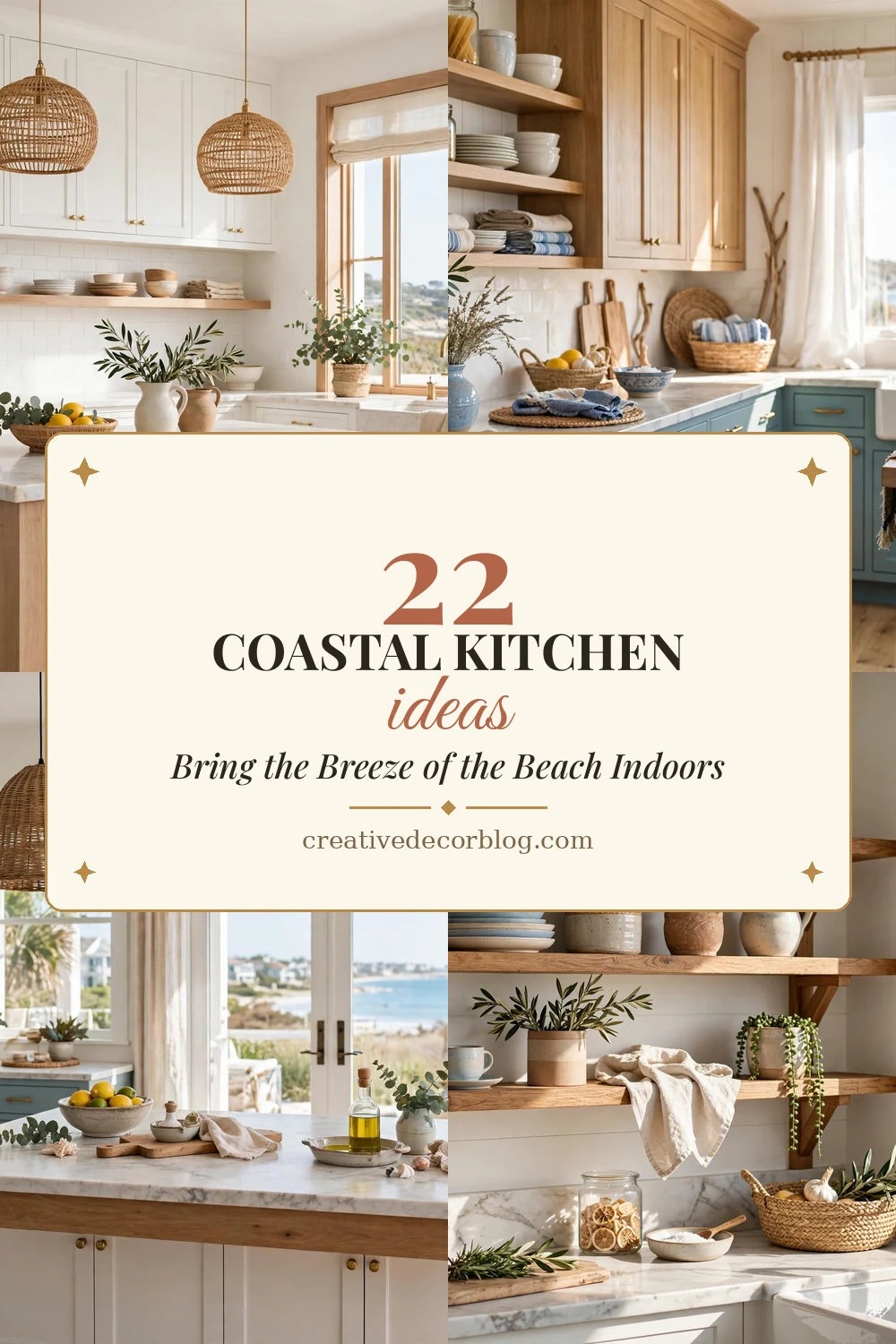 Pinterest pin collage of coastal kitchen ideas titled 22 Coastal Kitchen Ideas That Bring the Breeze of the Beach Indoors