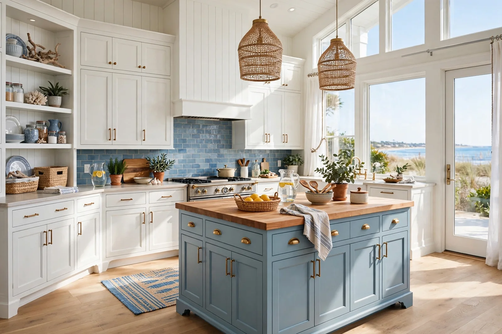 Wide view of a beautiful bright coastal kitchen with white cabinets and blue accents in sunlight