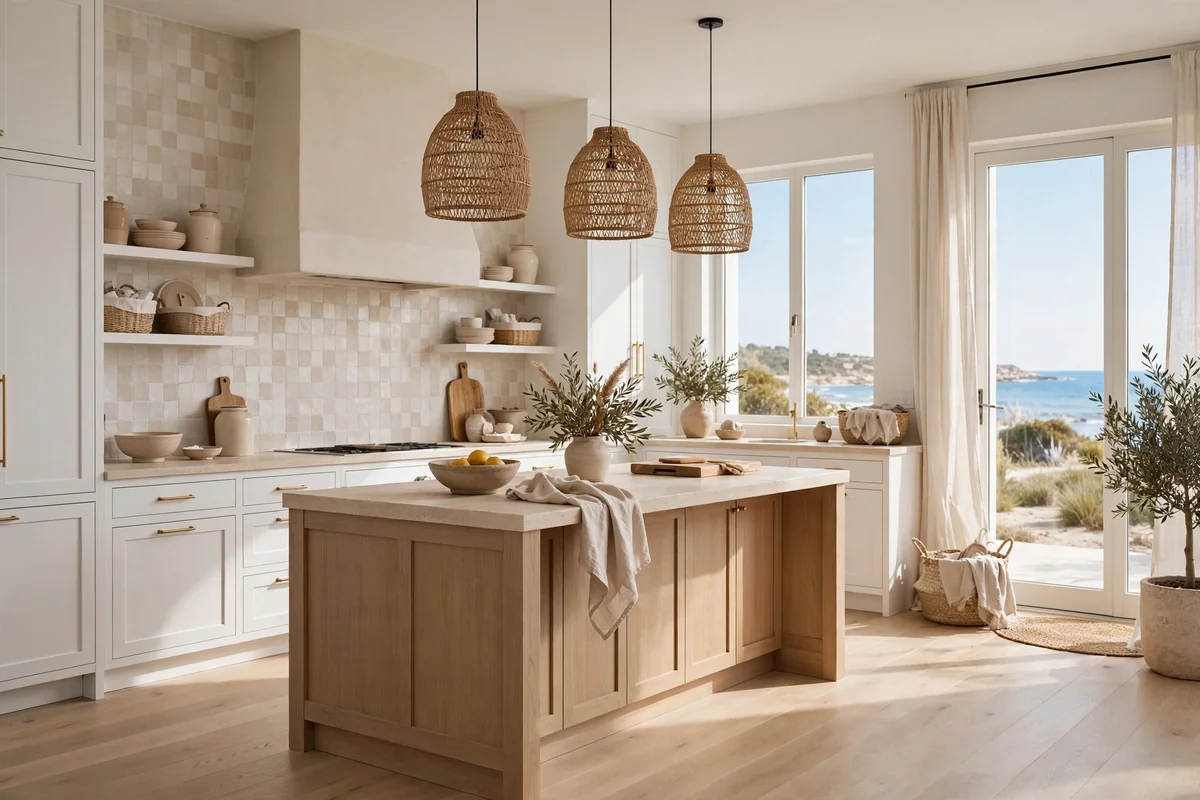 Coastal kitchen with white and beige tones, light and spacious