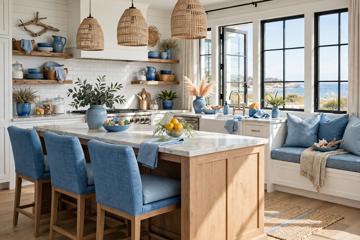 Coastal kitchen with shades of sea blue in upholstery and accessories