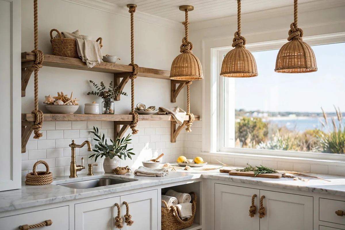 Coastal kitchen details with rope accents and pendant light with rope