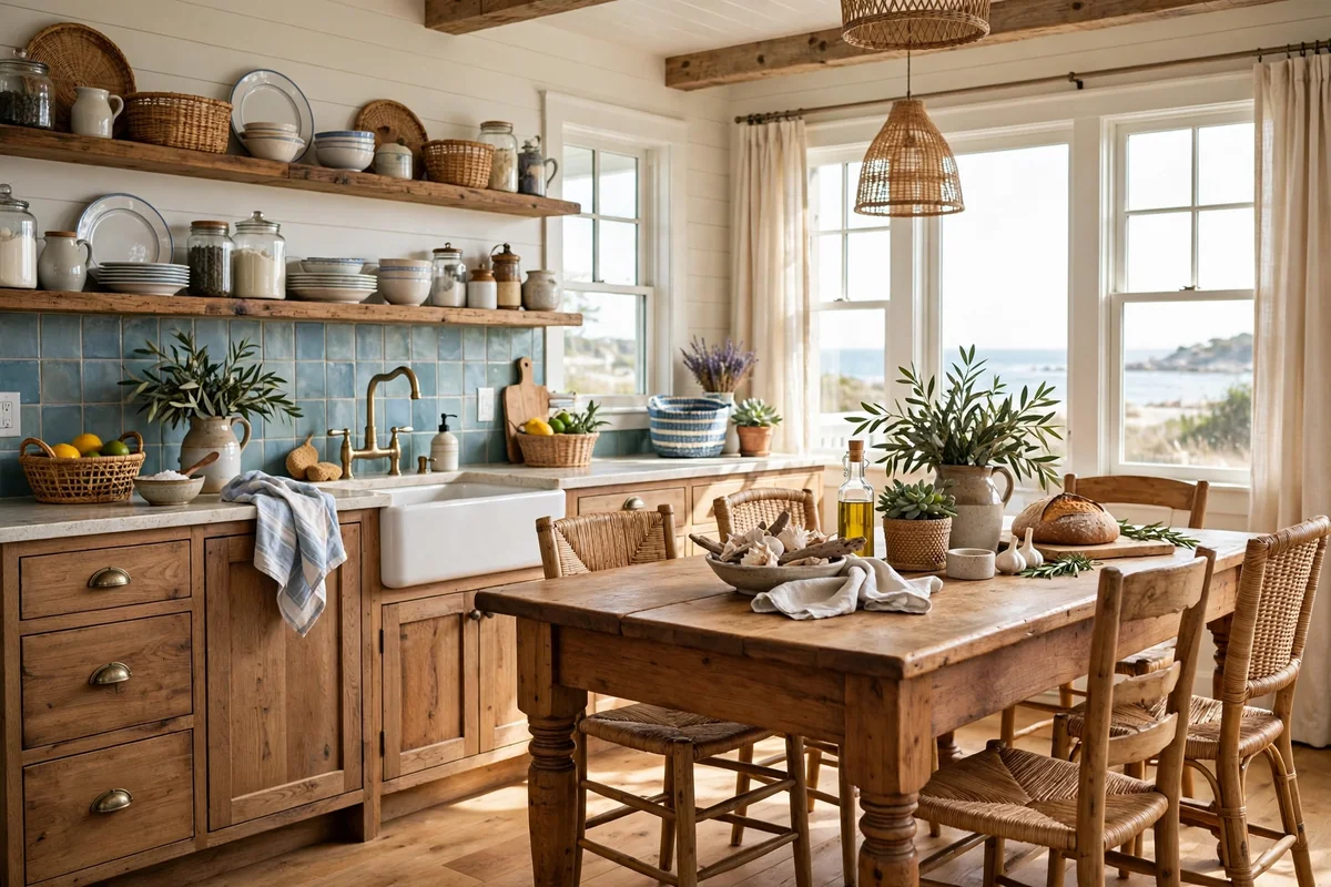 Coastal kitchen mixed with warm country style wooden furniture