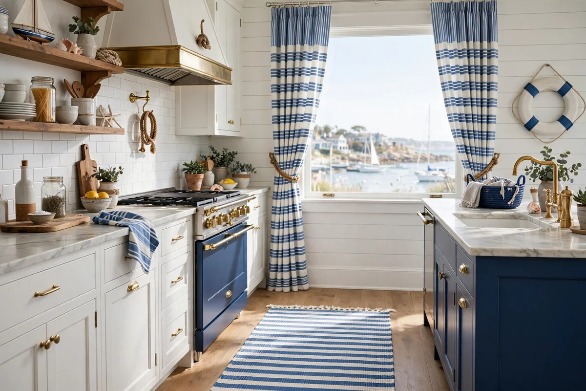 Coastal kitchen with blue and white striped rug and curtains, sailor style