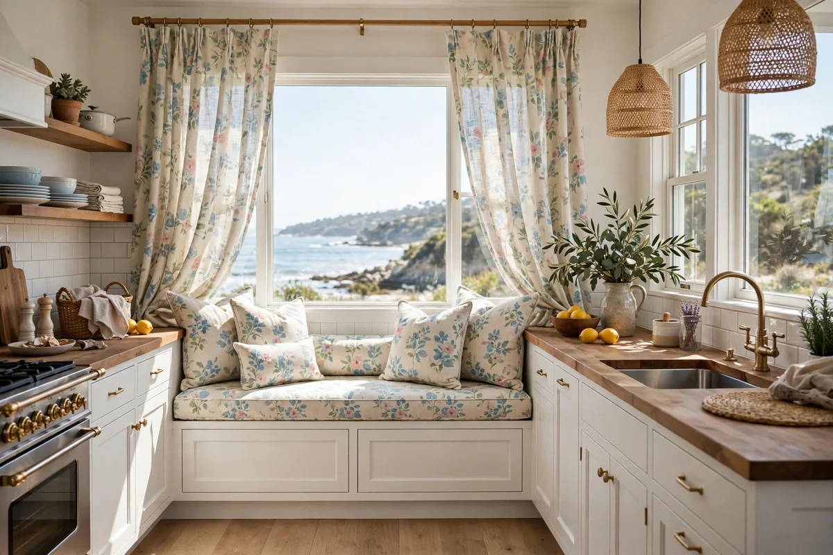 Coastal kitchen with gentle floral patterned cushions and curtains