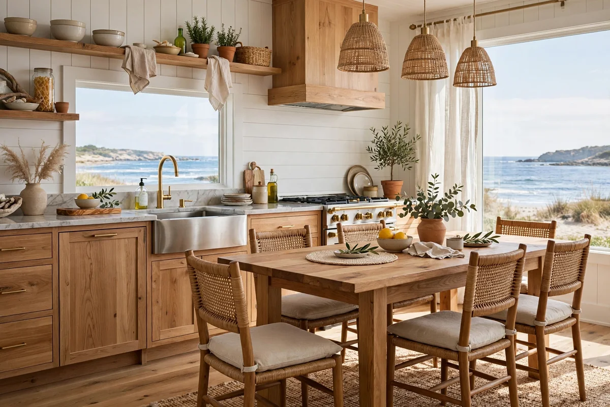 Coastal kitchen with natural wooden furniture, table and chairs