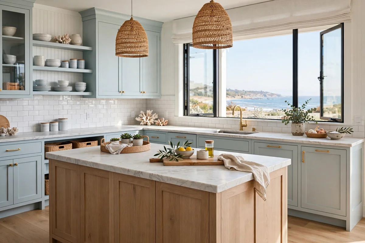 Coastal kitchen with light marble countertops, clean and bright