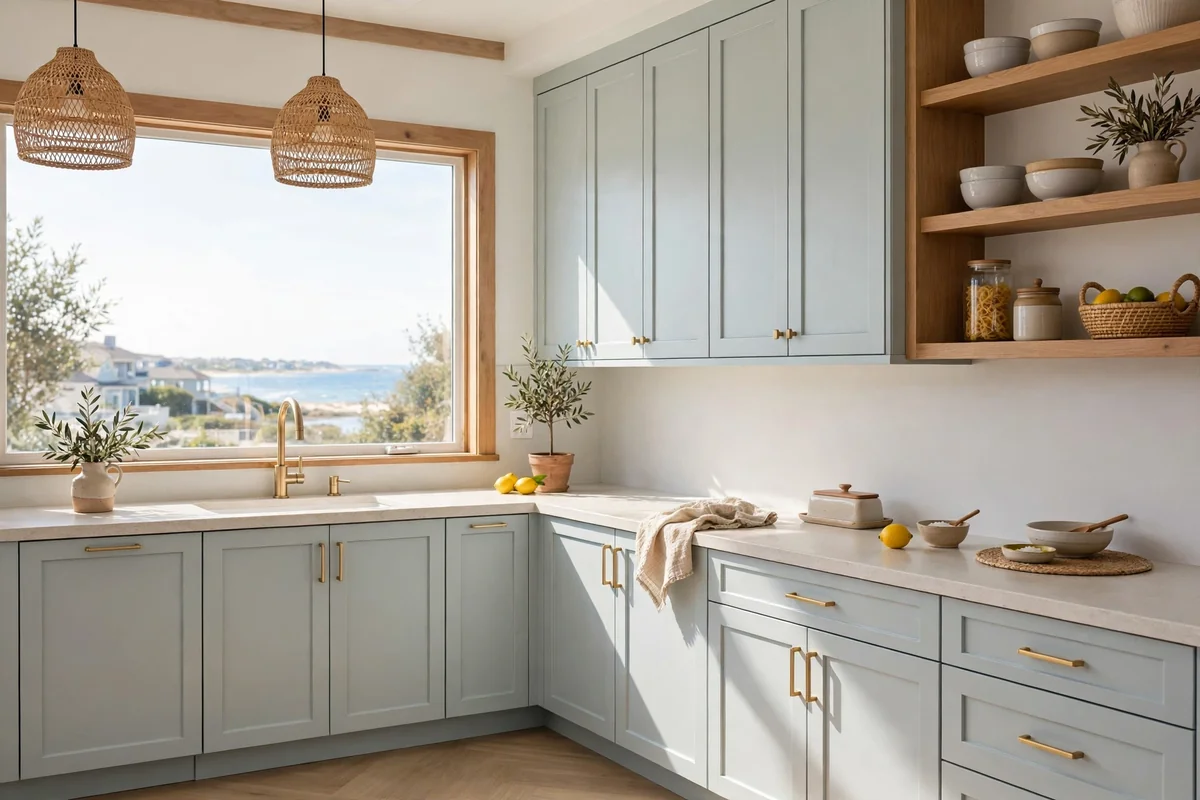 Coastal kitchen with pale seamless backsplash between cabinets
