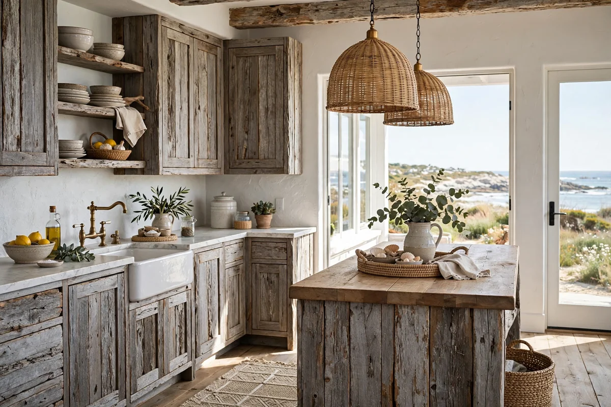Coastal kitchen with weathered driftwood textured cabinets, rustic