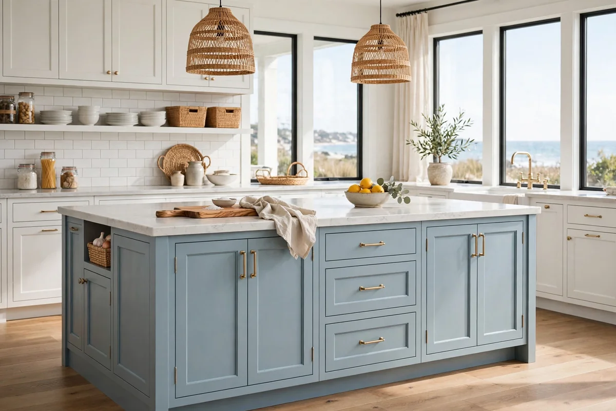 Coastal kitchen island with storage cabinets underneath, functional