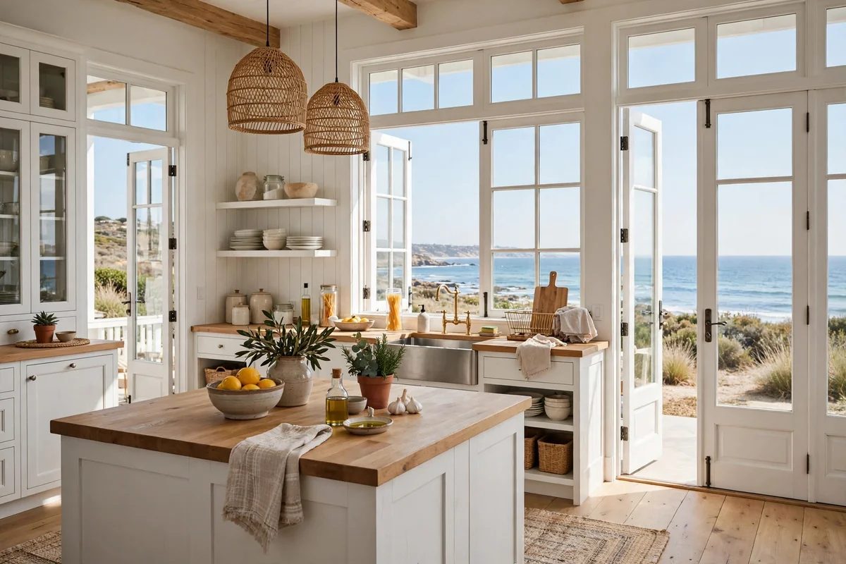 Coastal kitchen with large white-framed wooden windows and doors, bright