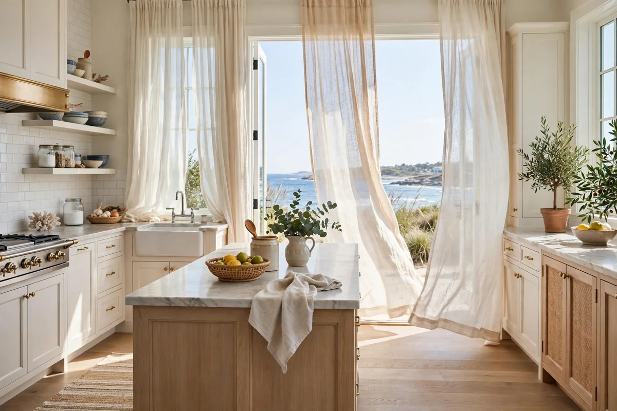 Coastal kitchen with floor-length light breezy curtains, airy
