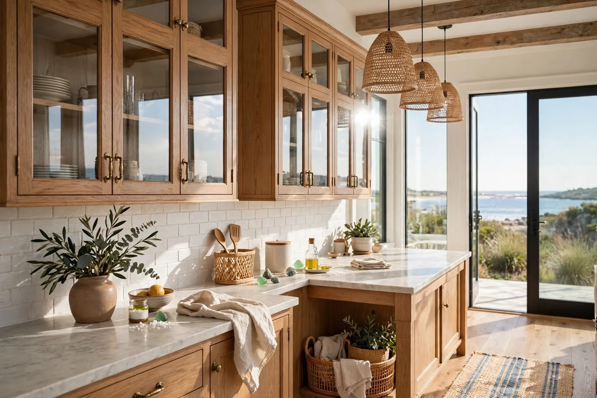 Coastal kitchen with glass-front cabinets reflecting light, wooden frames