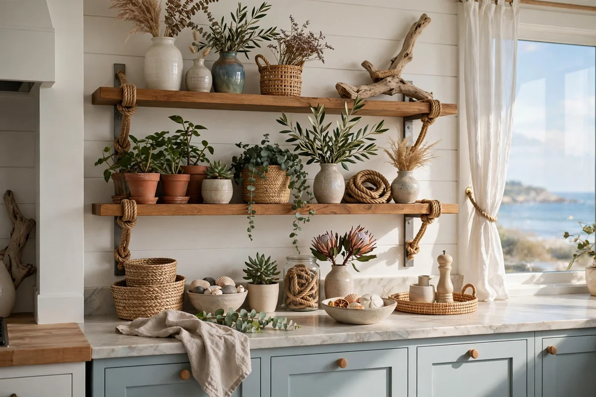Coastal kitchen open shelves styled with vases, plants and rope details