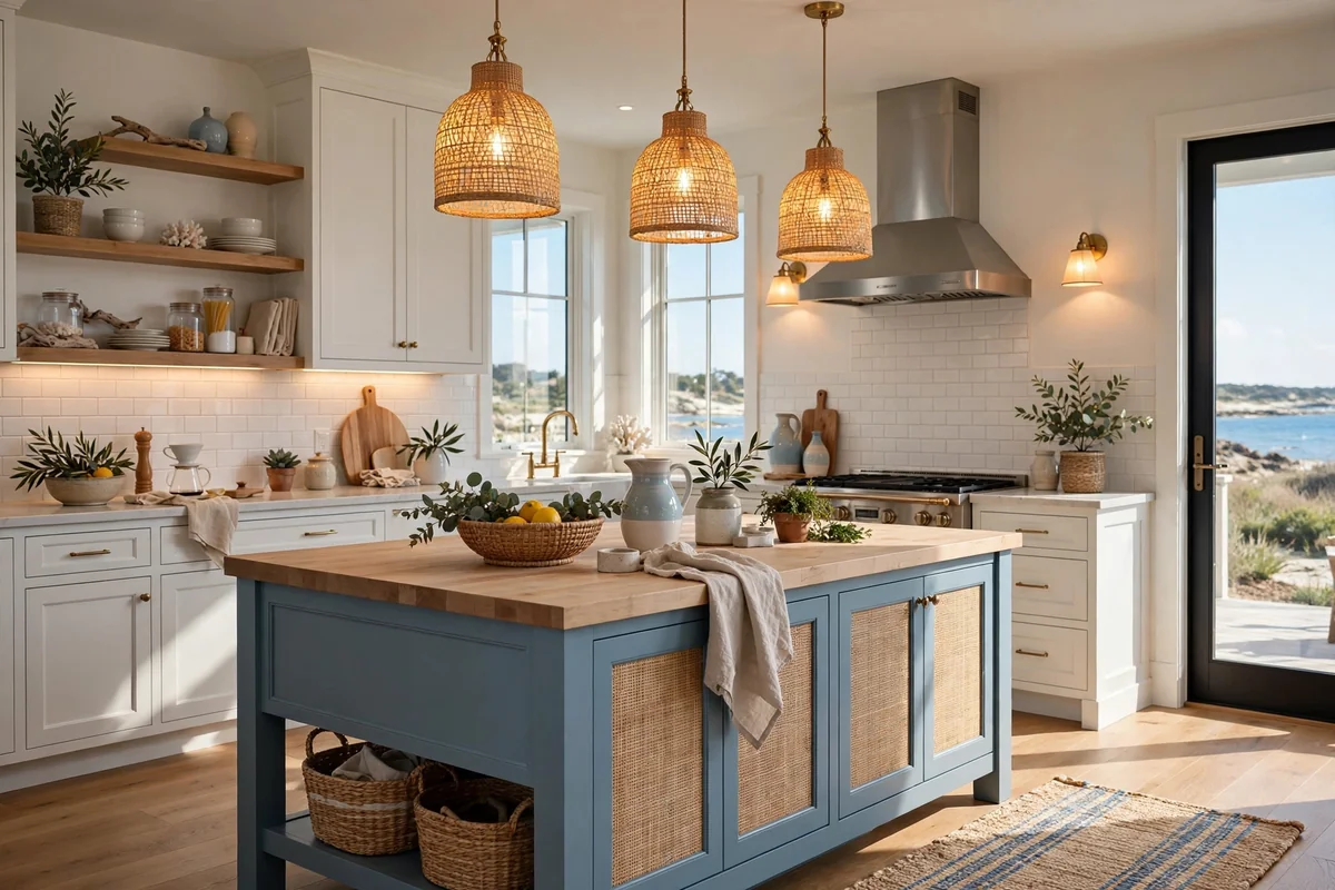 Coastal kitchen with layered lighting, bright day and warm evening lamps