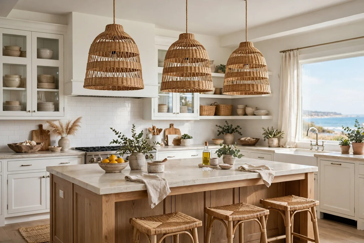 Woven wicker pendant lampshades over a coastal kitchen island, natural