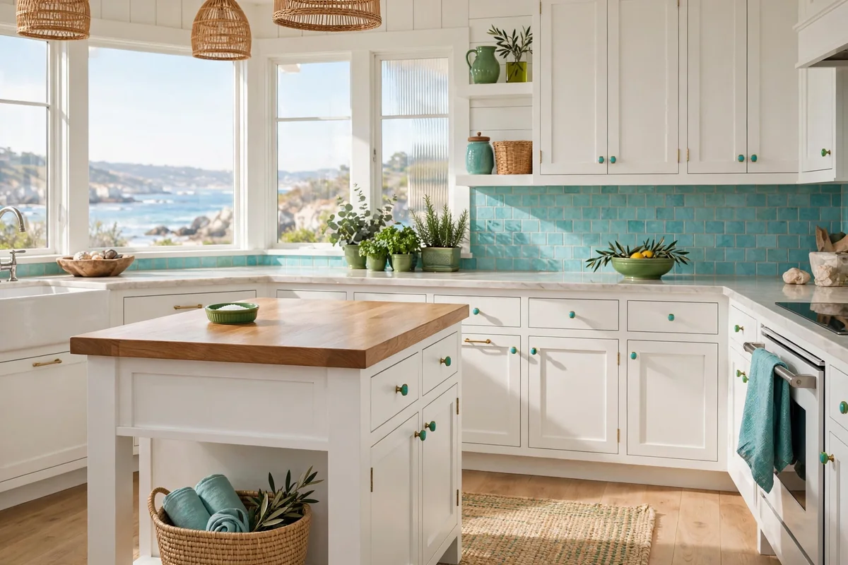 Coastal kitchen with small turquoise and green accent details
