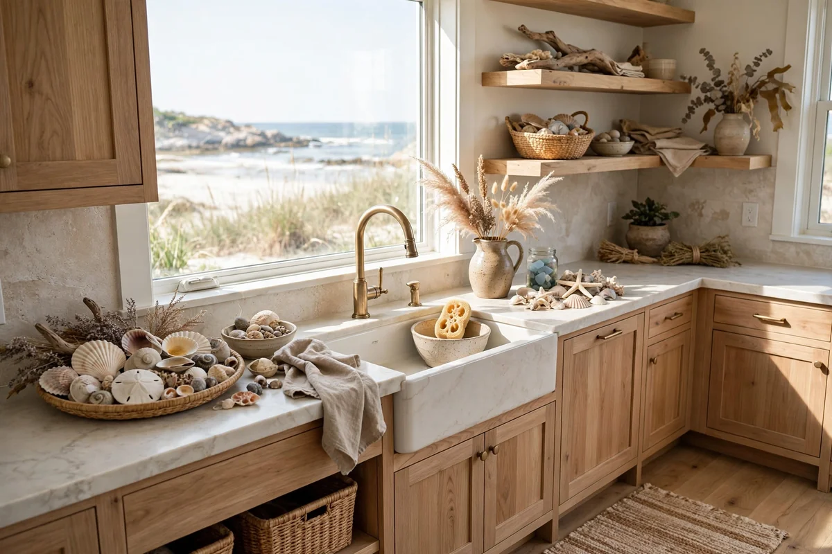 Coastal kitchen styled with beachcombed shells and natural accessories