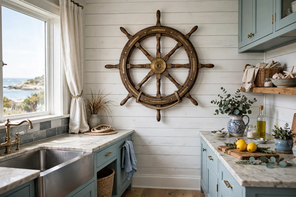 Coastal kitchen wall with a decorative wooden ship wheel, nautical
